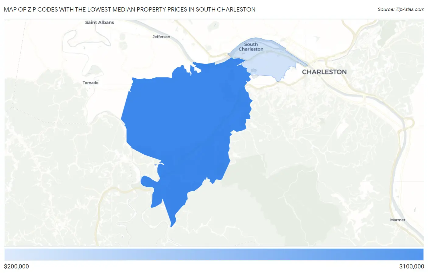 Zip Codes with the Lowest Median Property Prices in South Charleston Map