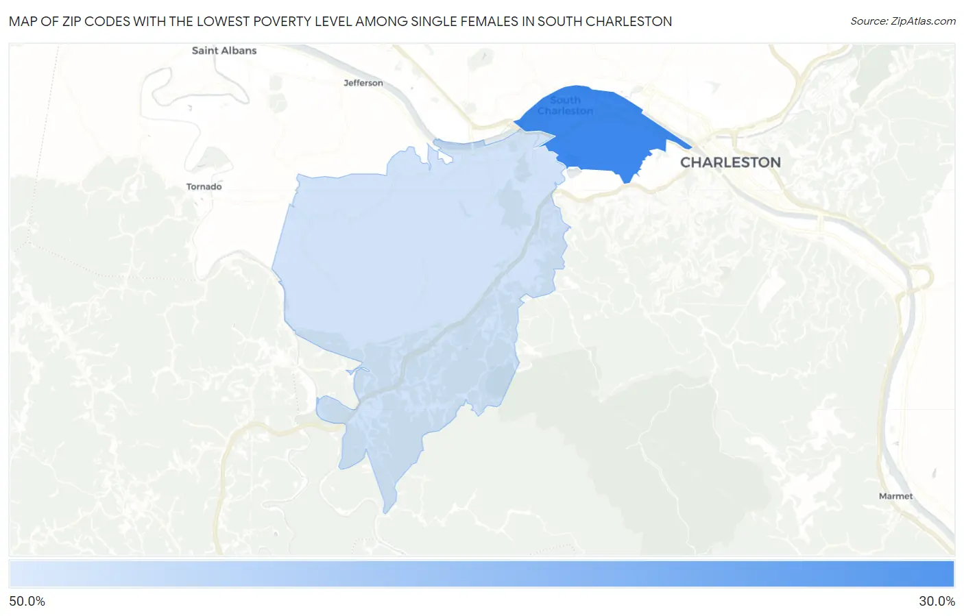 Zip Codes with the Lowest Poverty Level Among Single Females in South Charleston Map