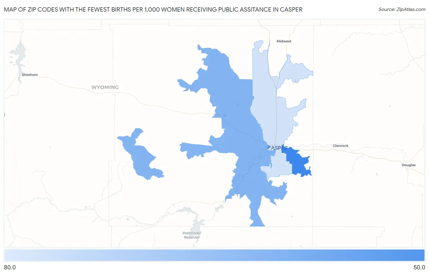 Zip Codes with the Fewest Births per 1,000 Women Receiving Public Assitance in Casper Map