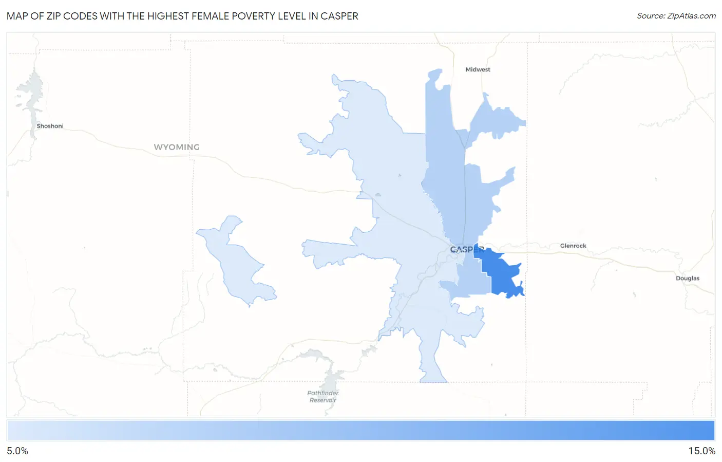 Zip Codes with the Highest Female Poverty Level in Casper Map