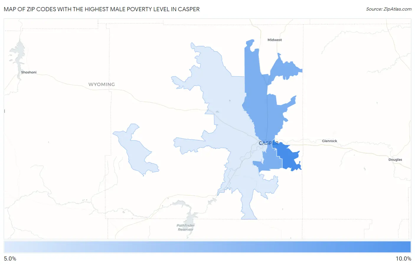 Zip Codes with the Highest Male Poverty Level in Casper Map