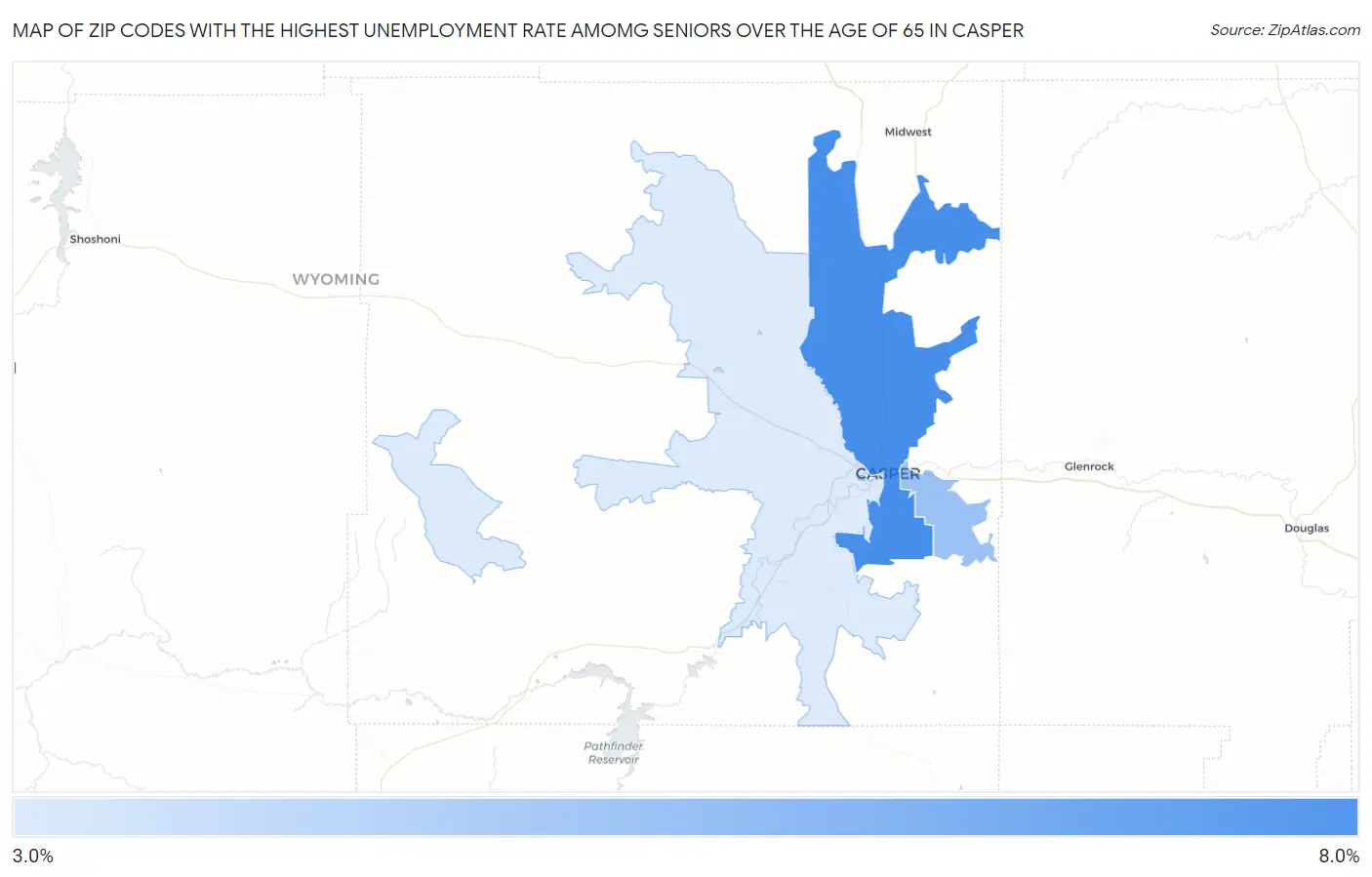 Zip Codes with the Highest Unemployment Rate Amomg Seniors Over the Age of 65 in Casper Map