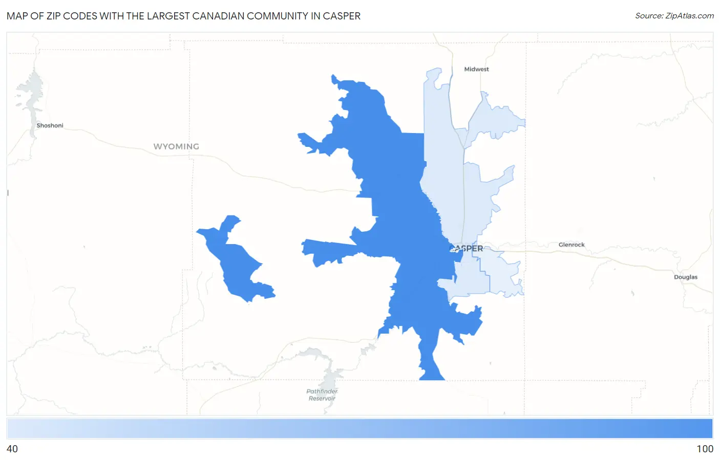 Zip Codes with the Largest Canadian Community in Casper Map