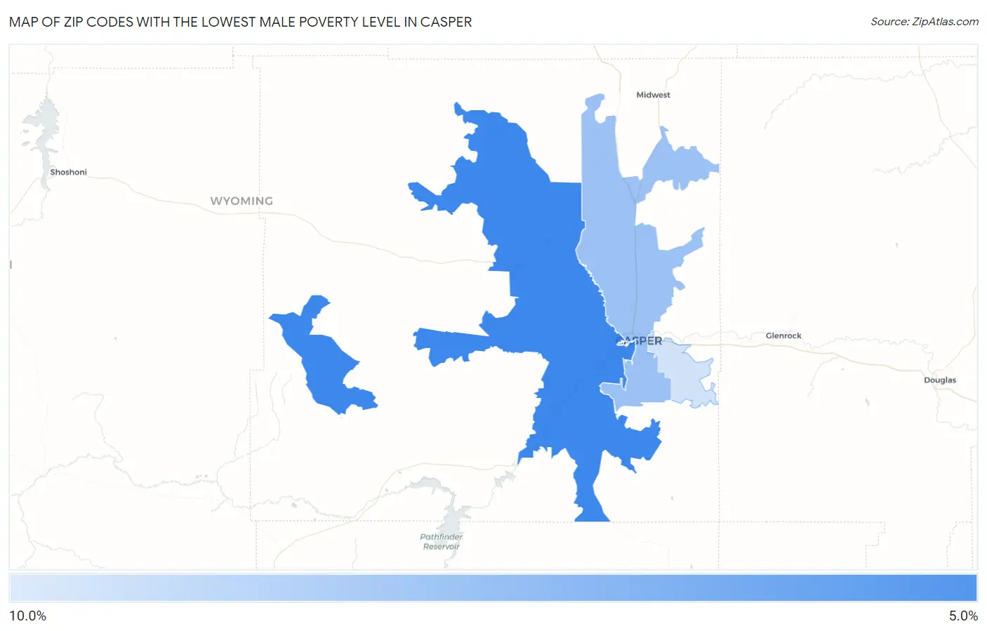 Zip Codes with the Lowest Male Poverty Level in Casper Map