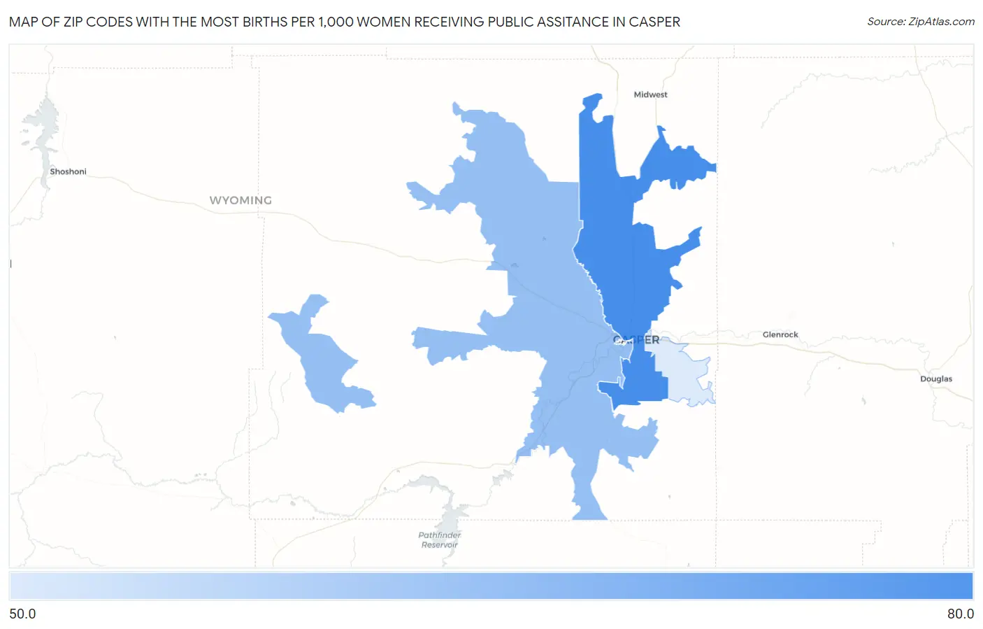 Zip Codes with the Most Births per 1,000 Women Receiving Public Assitance in Casper Map