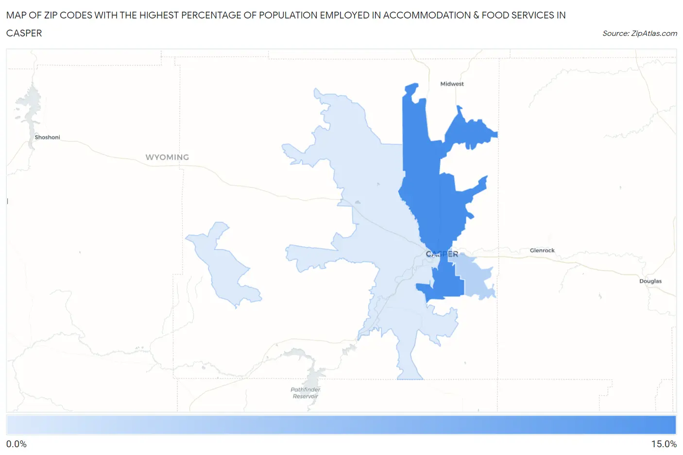 Zip Codes with the Highest Percentage of Population Employed in Accommodation & Food Services in Casper Map