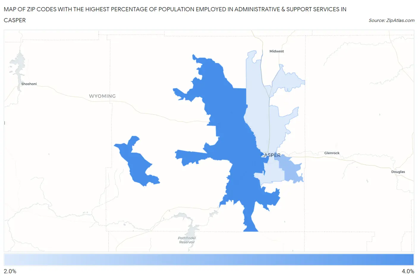 Zip Codes with the Highest Percentage of Population Employed in Administrative & Support Services in Casper Map