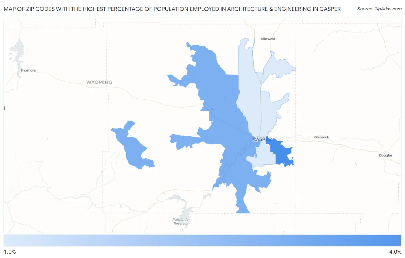 Zip Codes with the Highest Percentage of Population Employed in Architecture & Engineering in Casper Map