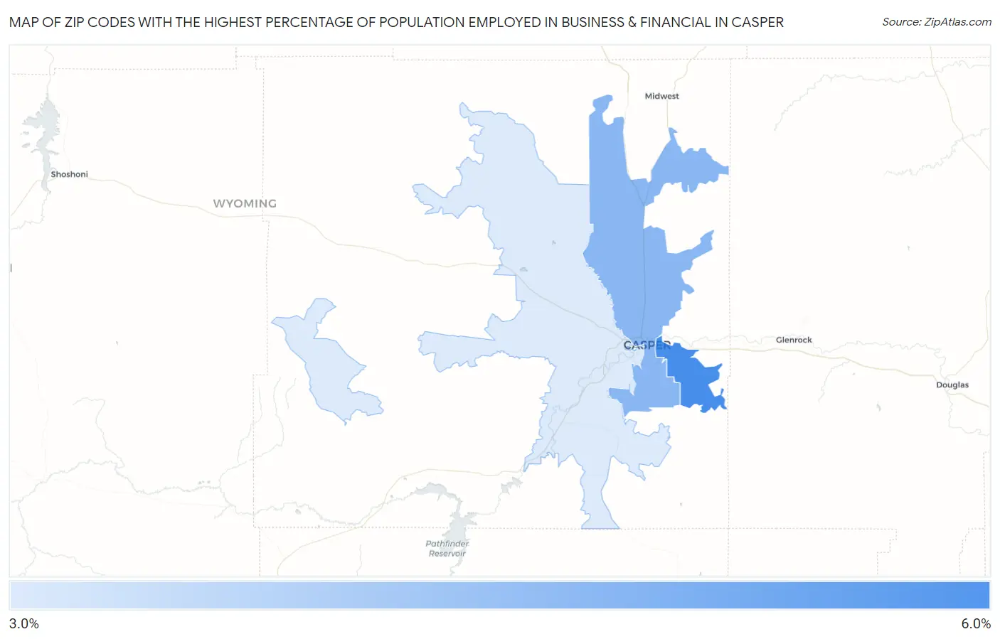 Zip Codes with the Highest Percentage of Population Employed in Business & Financial in Casper Map