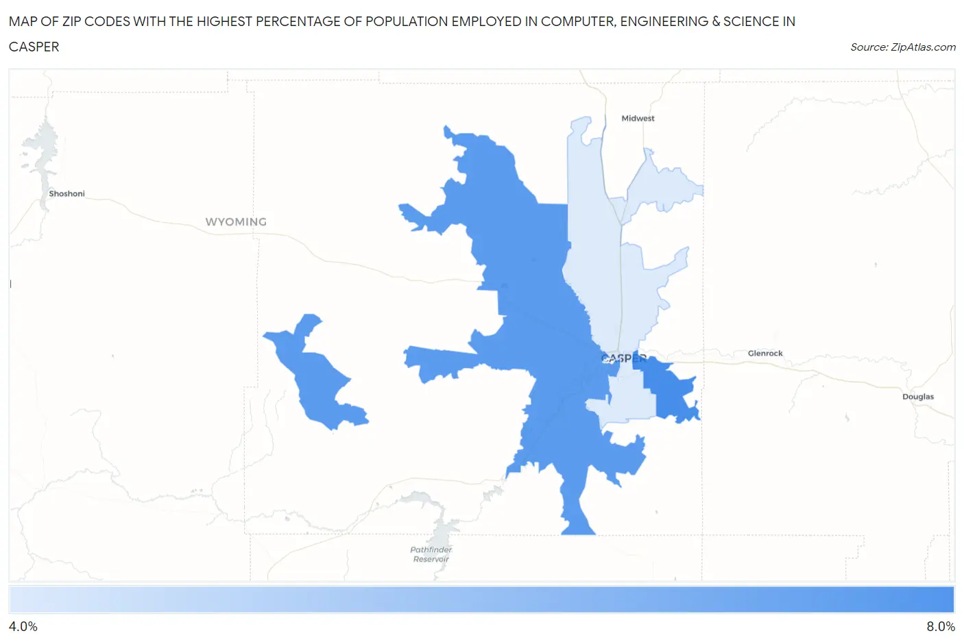 Zip Codes with the Highest Percentage of Population Employed in Computer, Engineering & Science in Casper Map