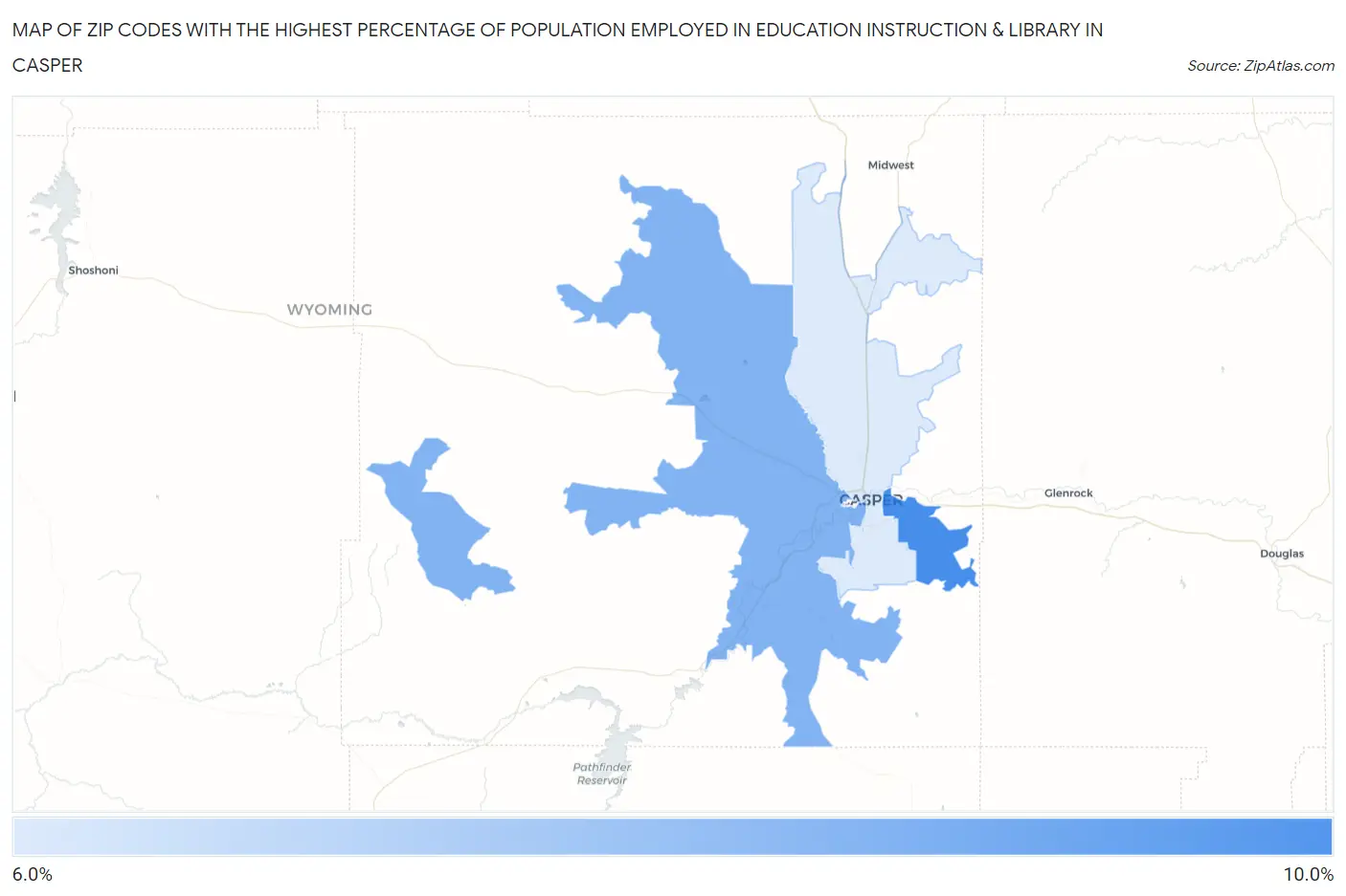 Zip Codes with the Highest Percentage of Population Employed in Education Instruction & Library in Casper Map
