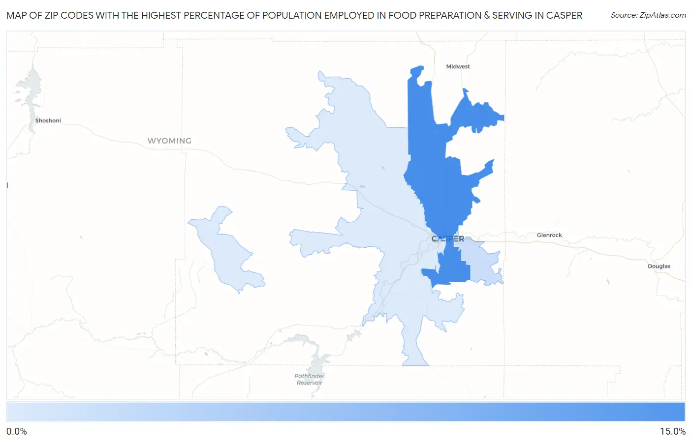 Zip Codes with the Highest Percentage of Population Employed in Food Preparation & Serving in Casper Map
