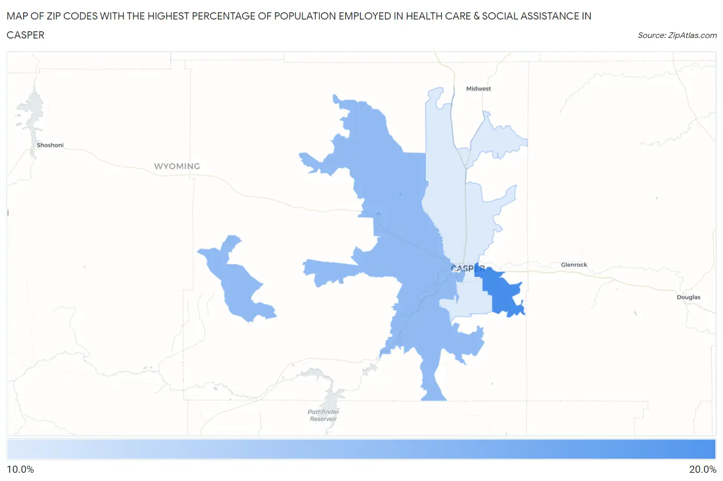 Zip Codes with the Highest Percentage of Population Employed in Health Care & Social Assistance in Casper Map
