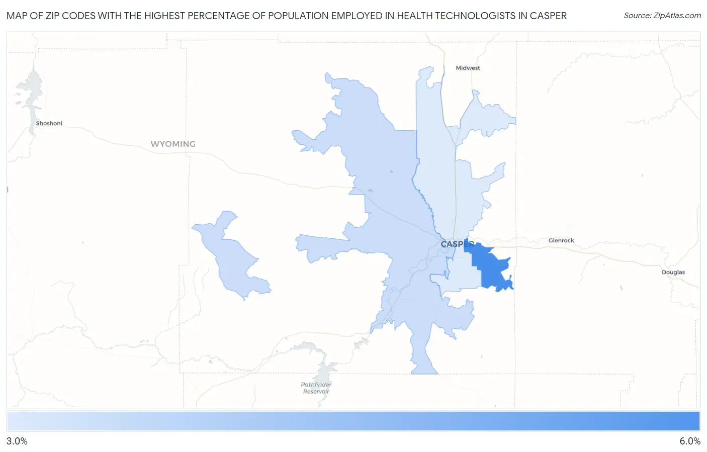 Zip Codes with the Highest Percentage of Population Employed in Health Technologists in Casper Map