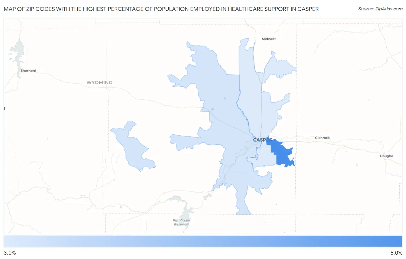 Zip Codes with the Highest Percentage of Population Employed in Healthcare Support in Casper Map