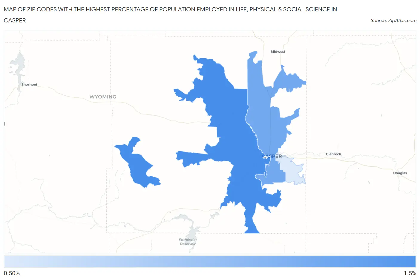 Zip Codes with the Highest Percentage of Population Employed in Life, Physical & Social Science in Casper Map