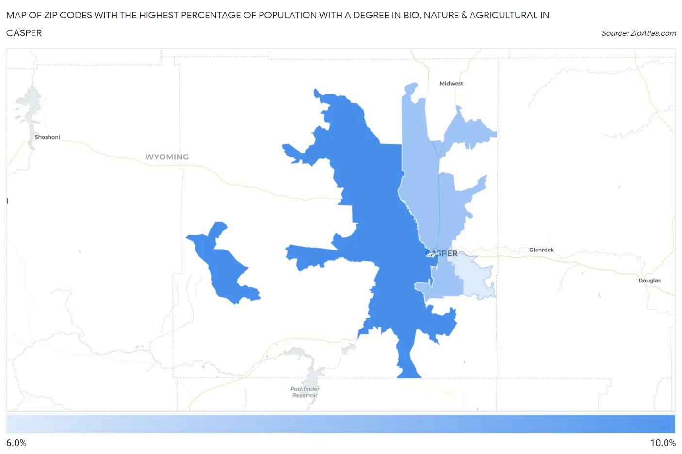 Zip Codes with the Highest Percentage of Population with a Degree in Bio, Nature & Agricultural in Casper Map