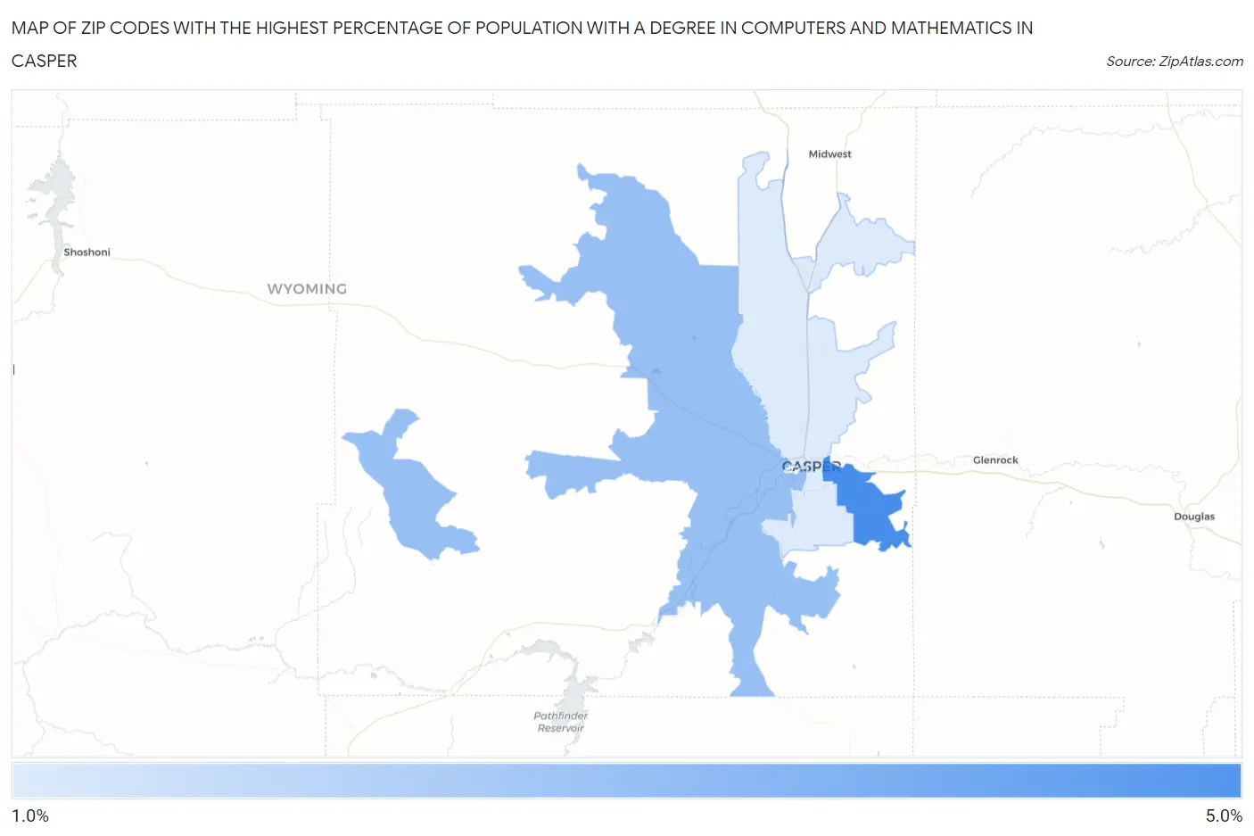 Zip Codes with the Highest Percentage of Population with a Degree in Computers and Mathematics in Casper Map