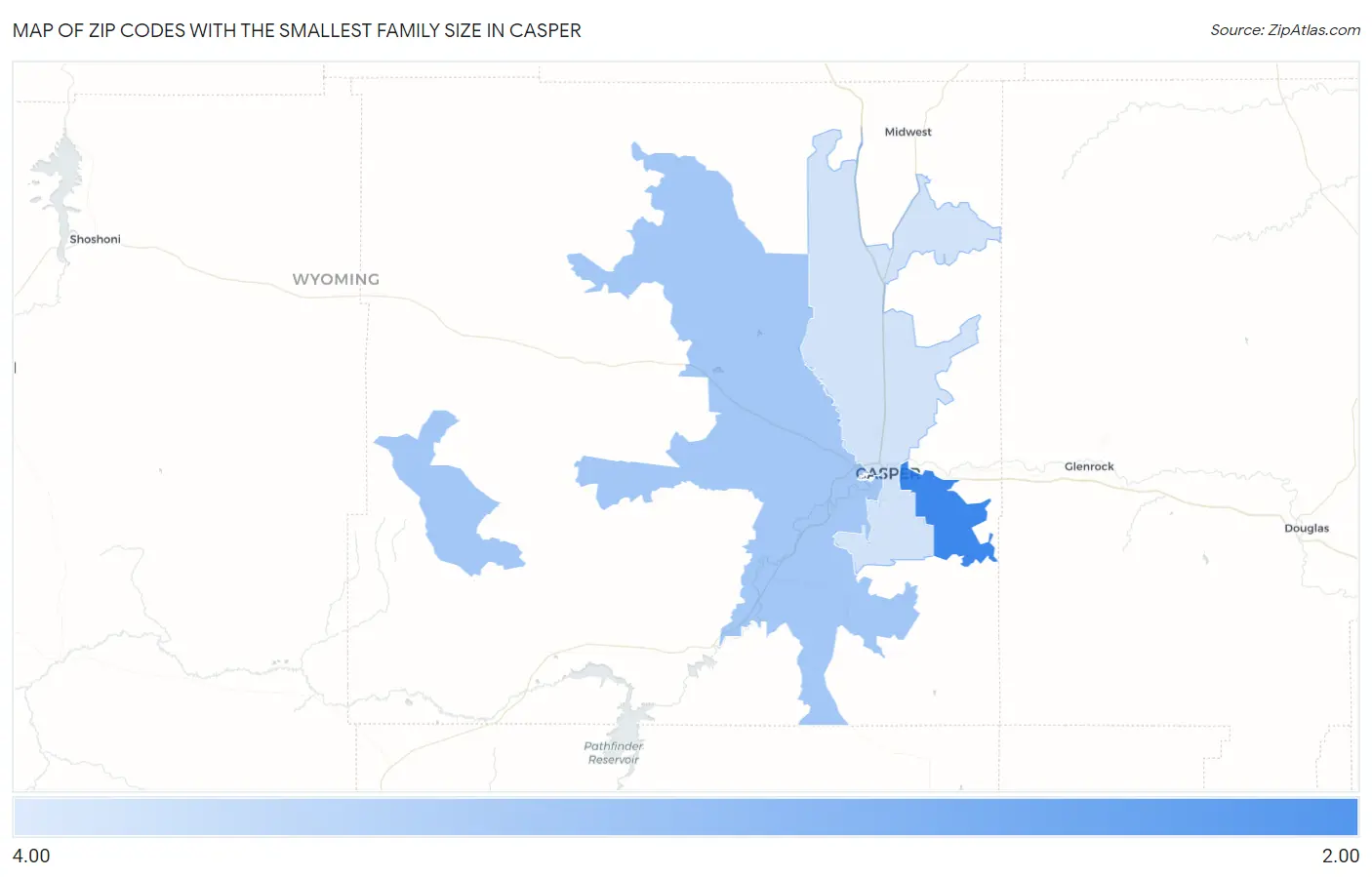 Zip Codes with the Smallest Family Size in Casper Map