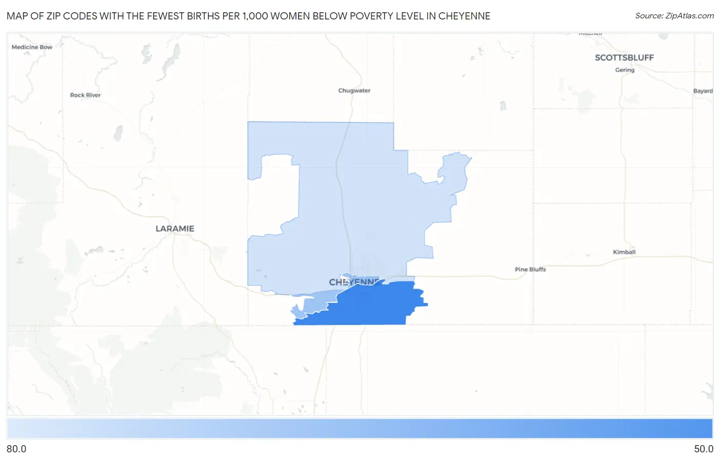Zip Codes with the Fewest Births per 1,000 Women Below Poverty Level in Cheyenne Map