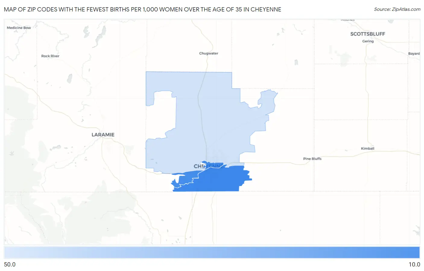 Zip Codes with the Fewest Births per 1,000 Women Over the Age of 35 in Cheyenne Map