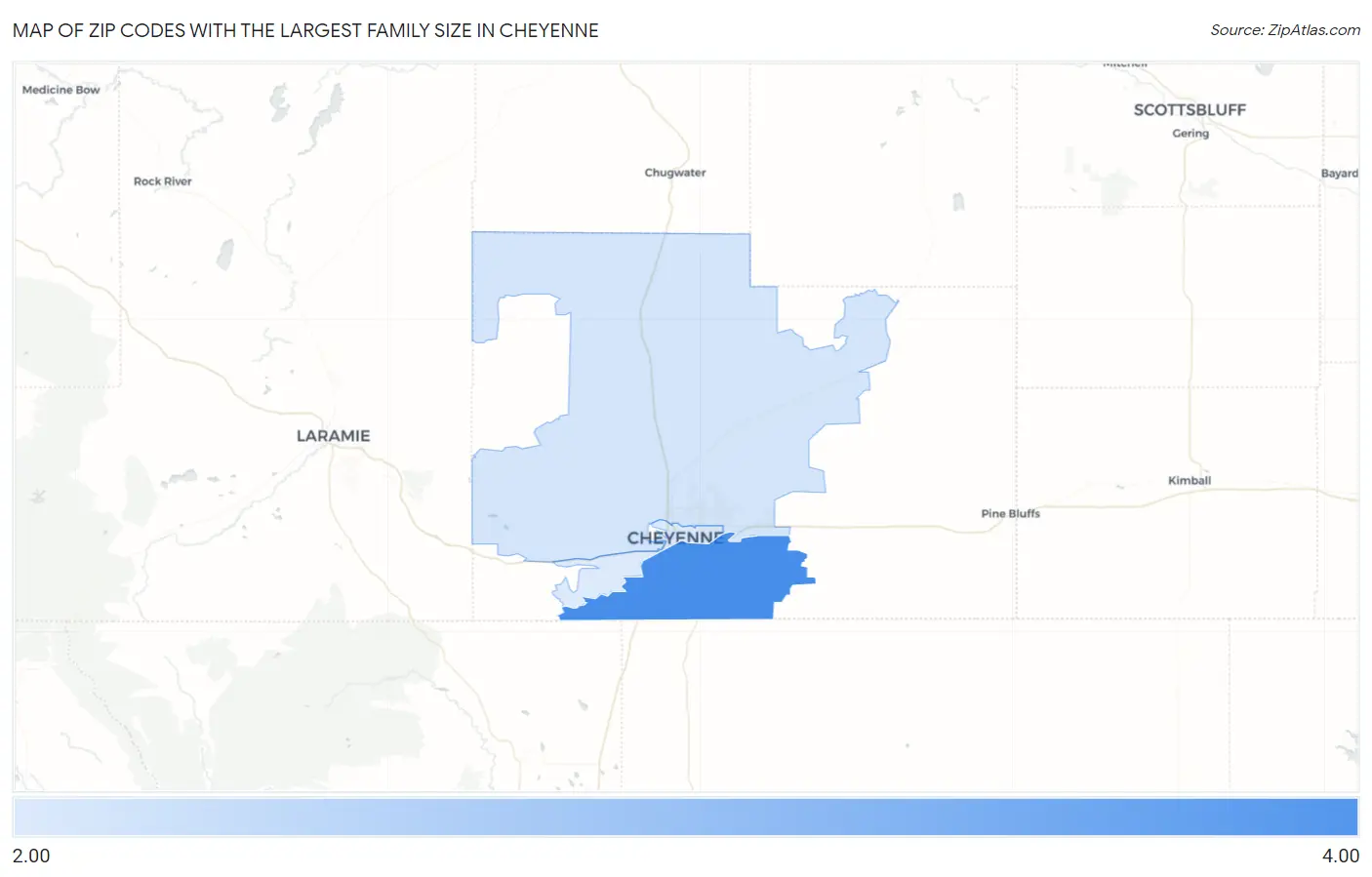 Zip Codes with the Largest Family Size in Cheyenne Map
