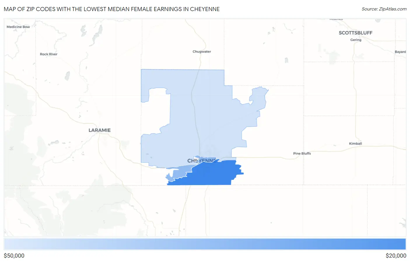 Zip Codes with the Lowest Median Female Earnings in Cheyenne Map