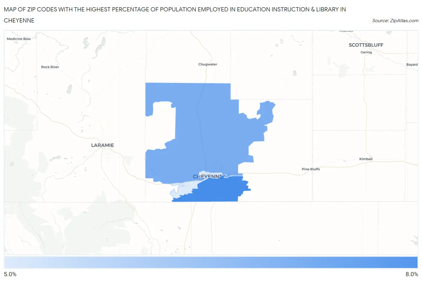 Zip Codes with the Highest Percentage of Population Employed in Education Instruction & Library in Cheyenne Map