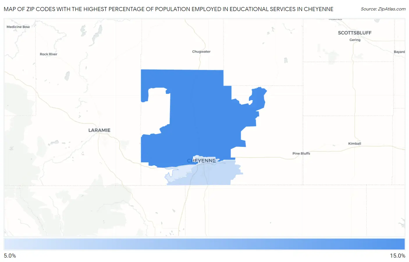 Zip Codes with the Highest Percentage of Population Employed in Educational Services in Cheyenne Map