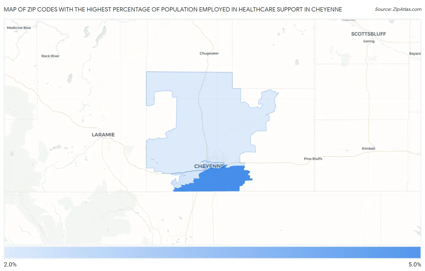 Zip Codes with the Highest Percentage of Population Employed in Healthcare Support in Cheyenne Map