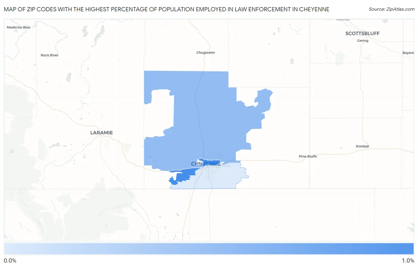 Zip Codes with the Highest Percentage of Population Employed in Law Enforcement in Cheyenne Map