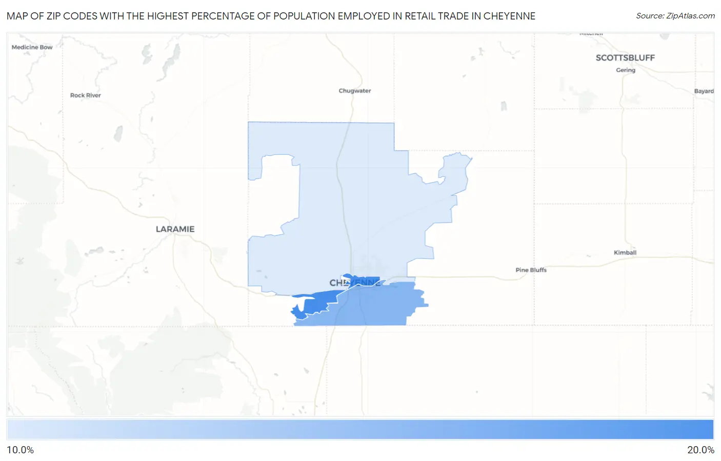 Zip Codes with the Highest Percentage of Population Employed in Retail Trade in Cheyenne Map