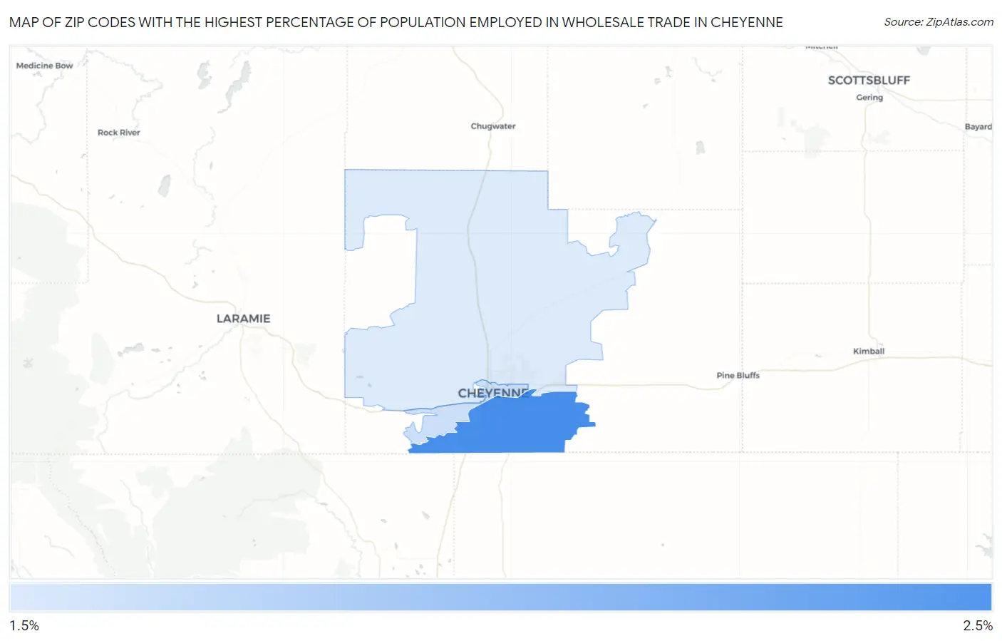 Zip Codes with the Highest Percentage of Population Employed in Wholesale Trade in Cheyenne Map