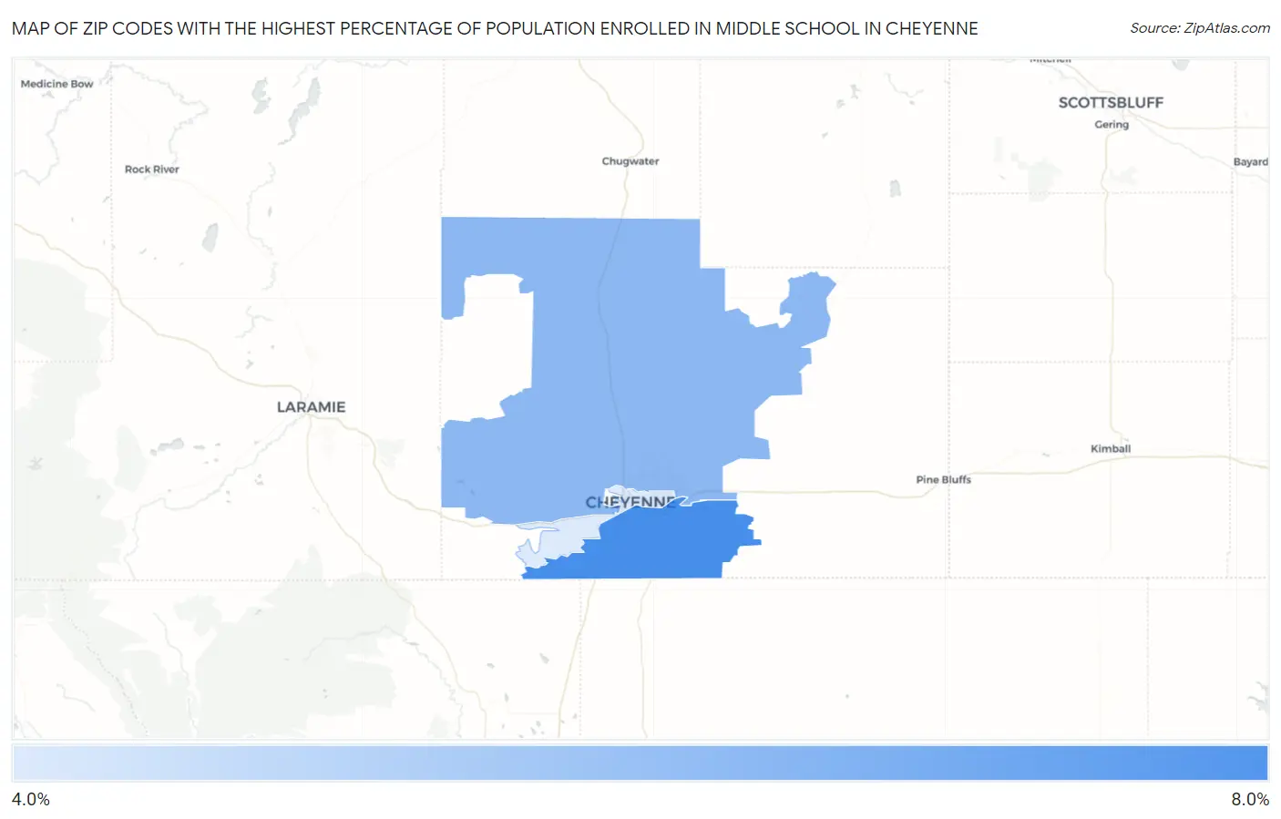 Zip Codes with the Highest Percentage of Population Enrolled in Middle School in Cheyenne Map