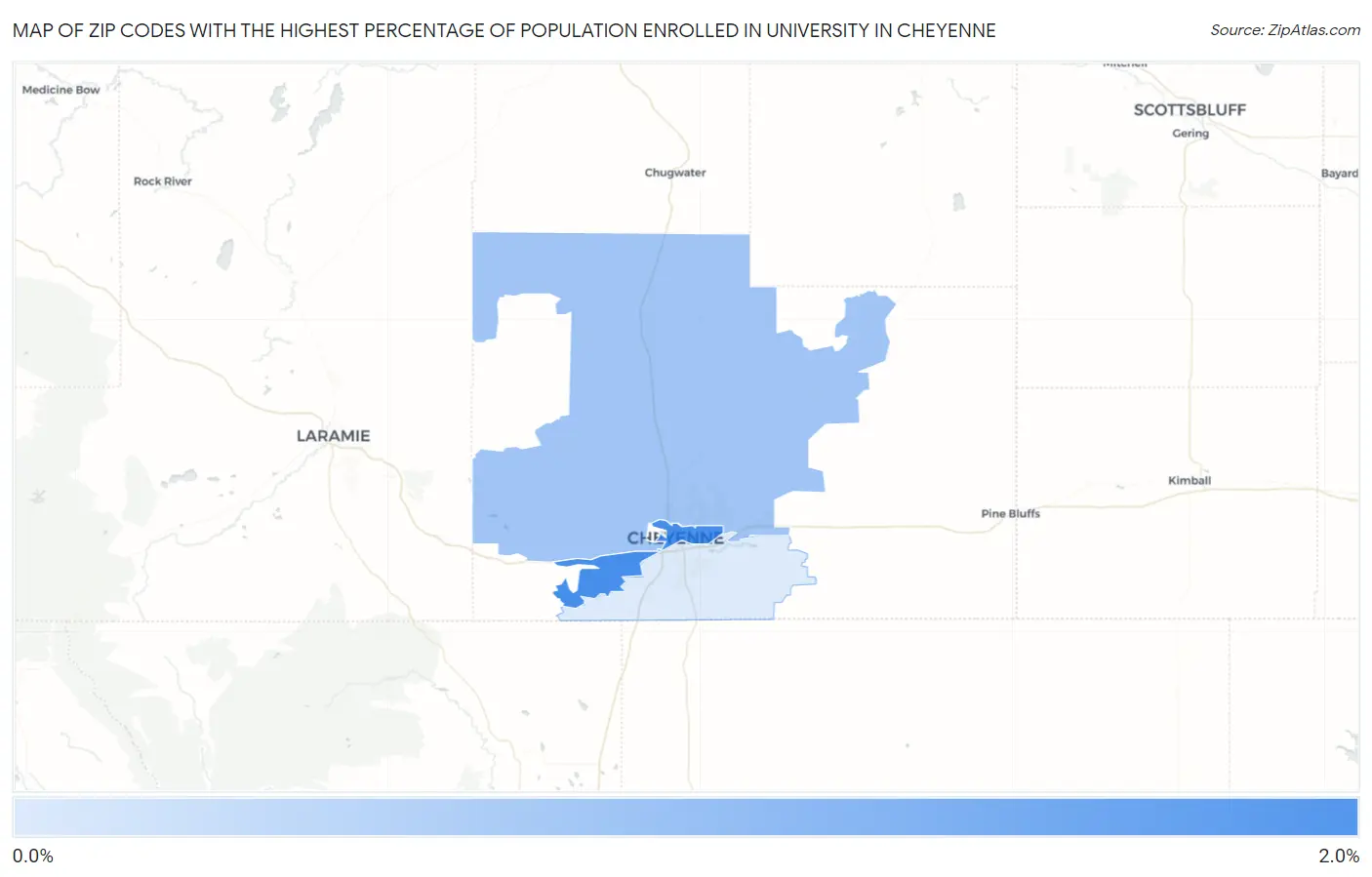Zip Codes with the Highest Percentage of Population Enrolled in University in Cheyenne Map