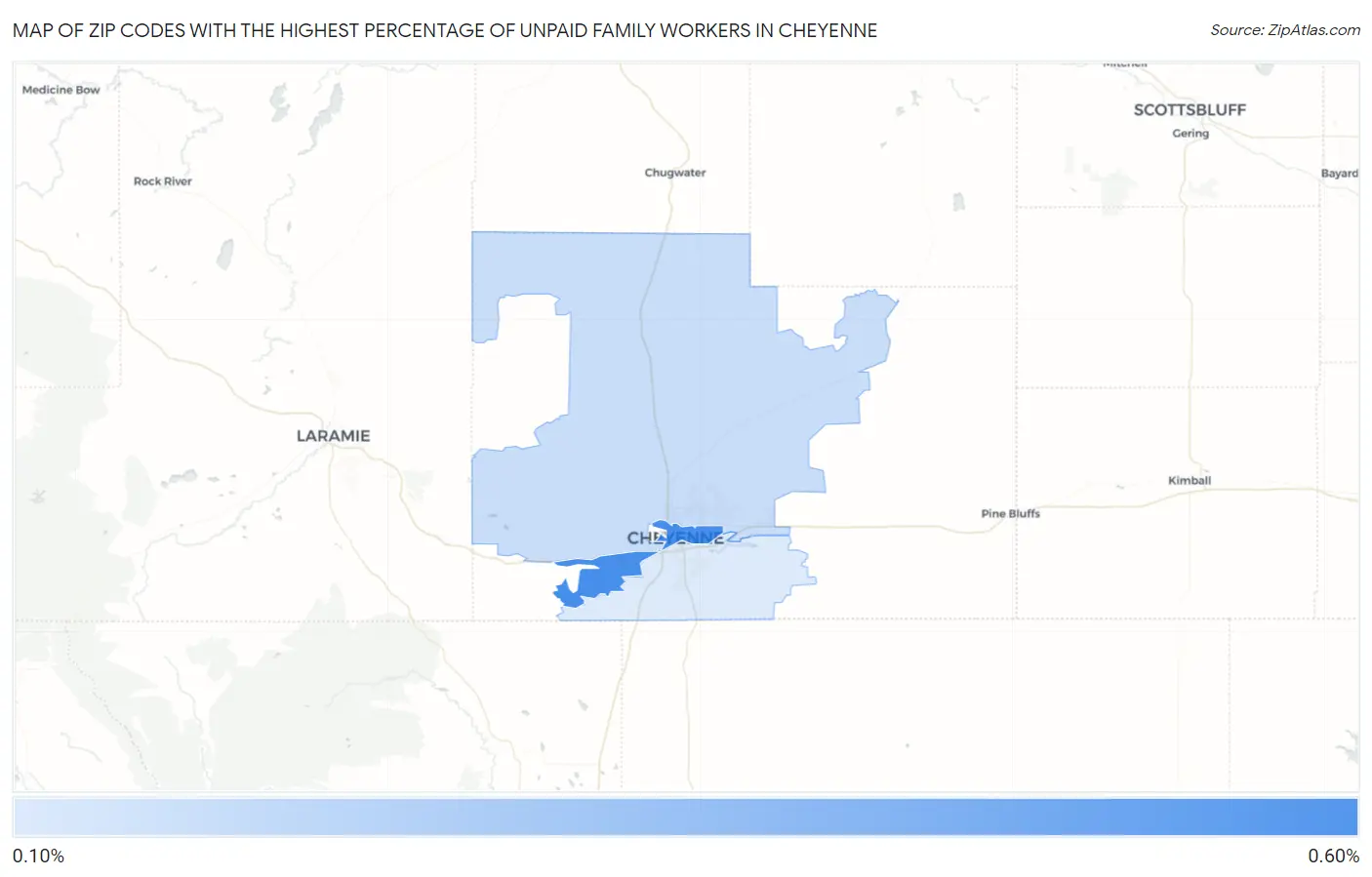 Zip Codes with the Highest Percentage of Unpaid Family Workers in Cheyenne Map