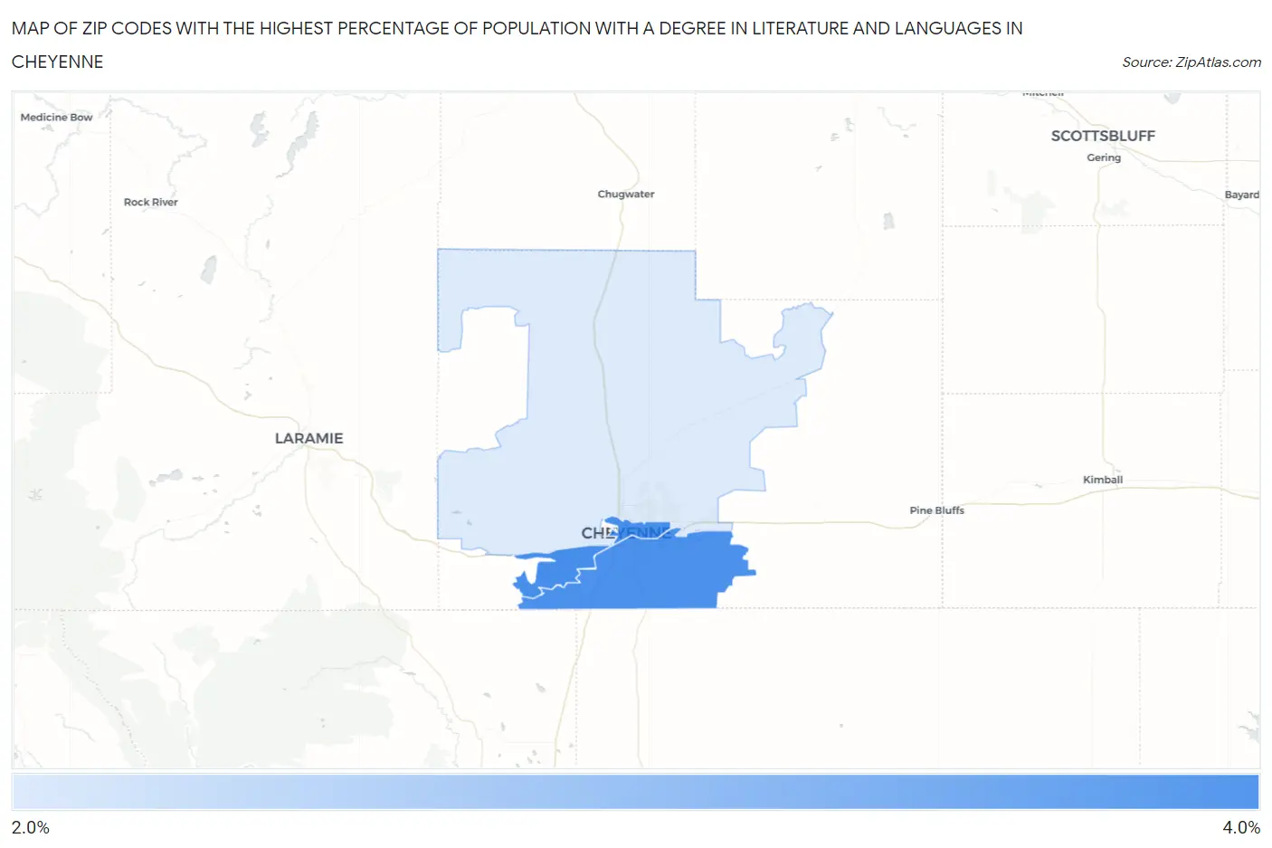 Zip Codes with the Highest Percentage of Population with a Degree in Literature and Languages in Cheyenne Map