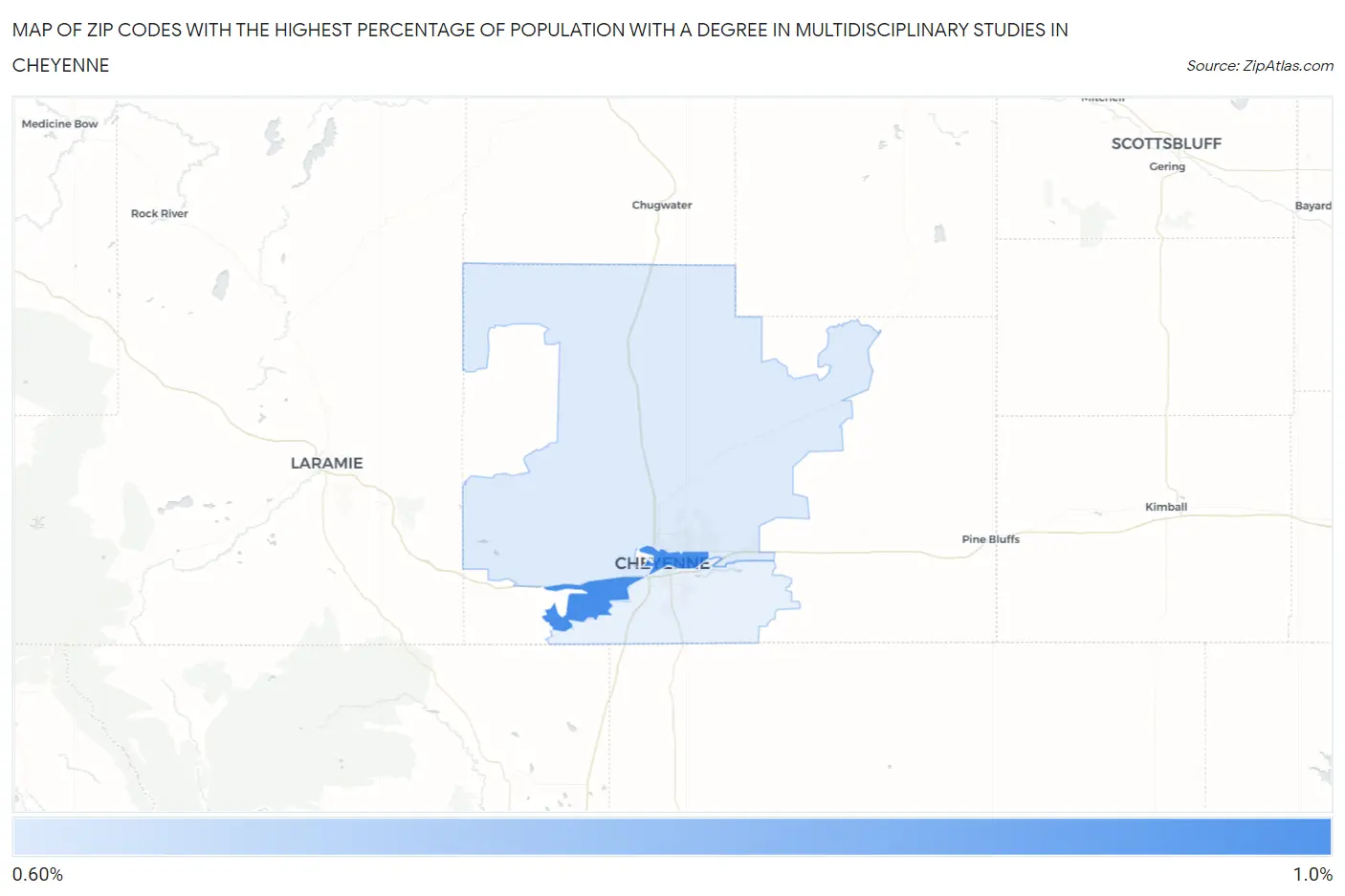 Zip Codes with the Highest Percentage of Population with a Degree in Multidisciplinary Studies in Cheyenne Map