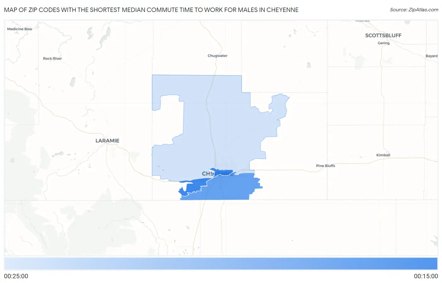 Zip Codes with the Shortest Median Commute Time to Work for Males in Cheyenne Map