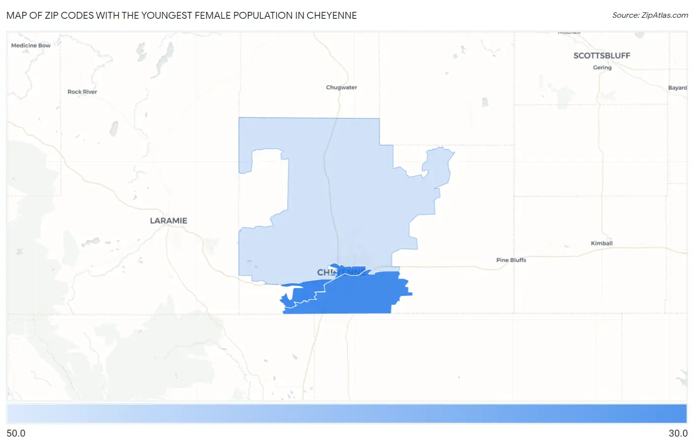 Zip Codes with the Youngest Female Population in Cheyenne Map
