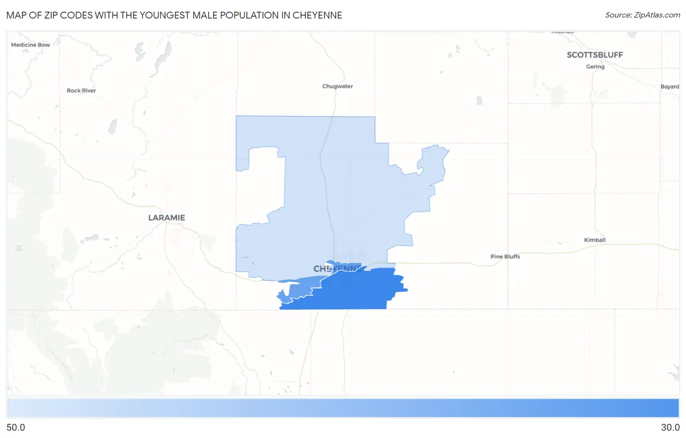 Zip Codes with the Youngest Male Population in Cheyenne Map