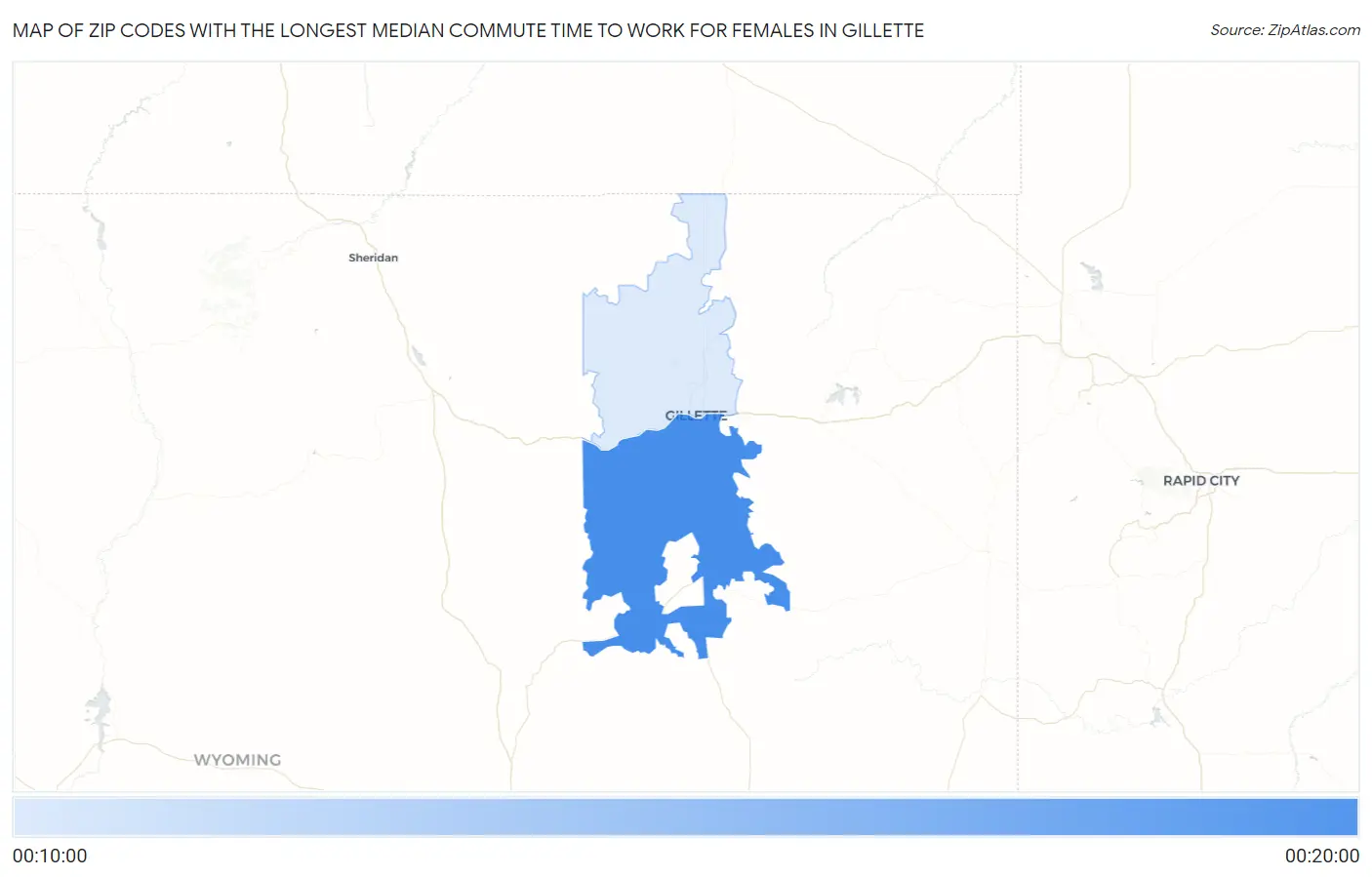 Zip Codes with the Longest Median Commute Time to Work for Females in Gillette Map