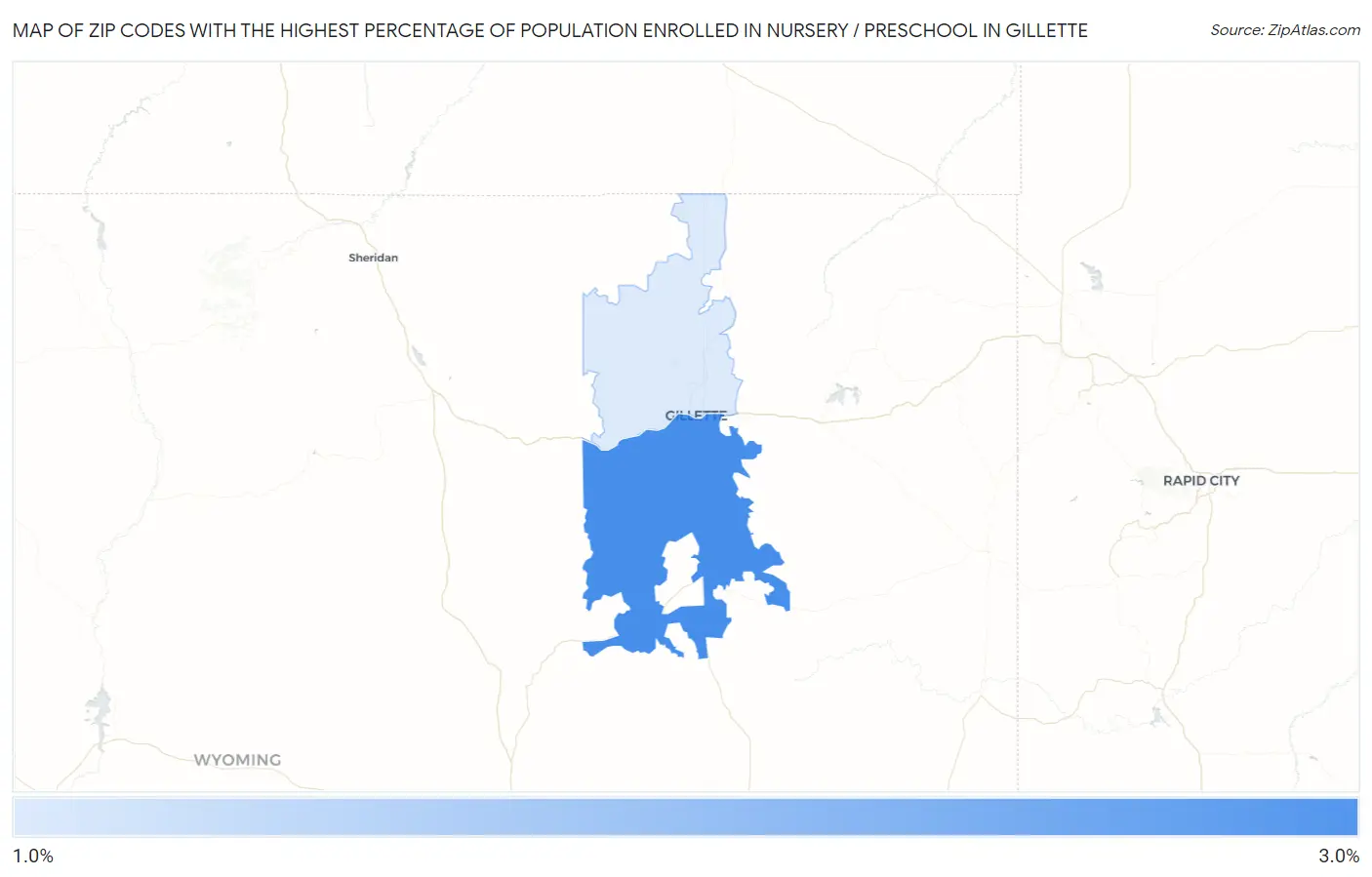 Zip Codes with the Highest Percentage of Population Enrolled in Nursery / Preschool in Gillette Map