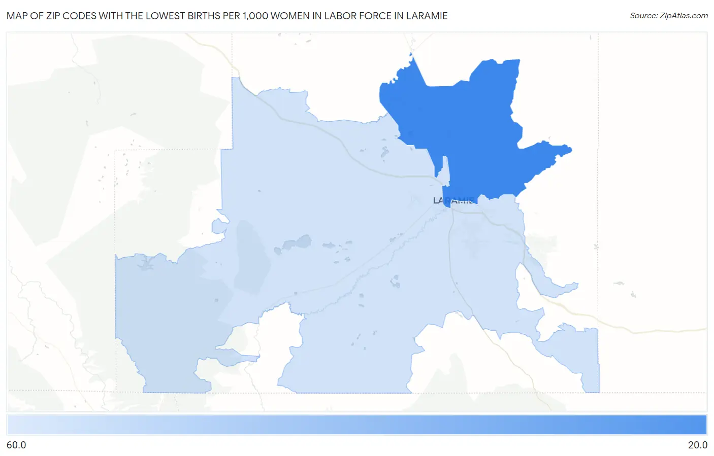 Zip Codes with the Lowest Births per 1,000 Women in Labor Force in Laramie Map