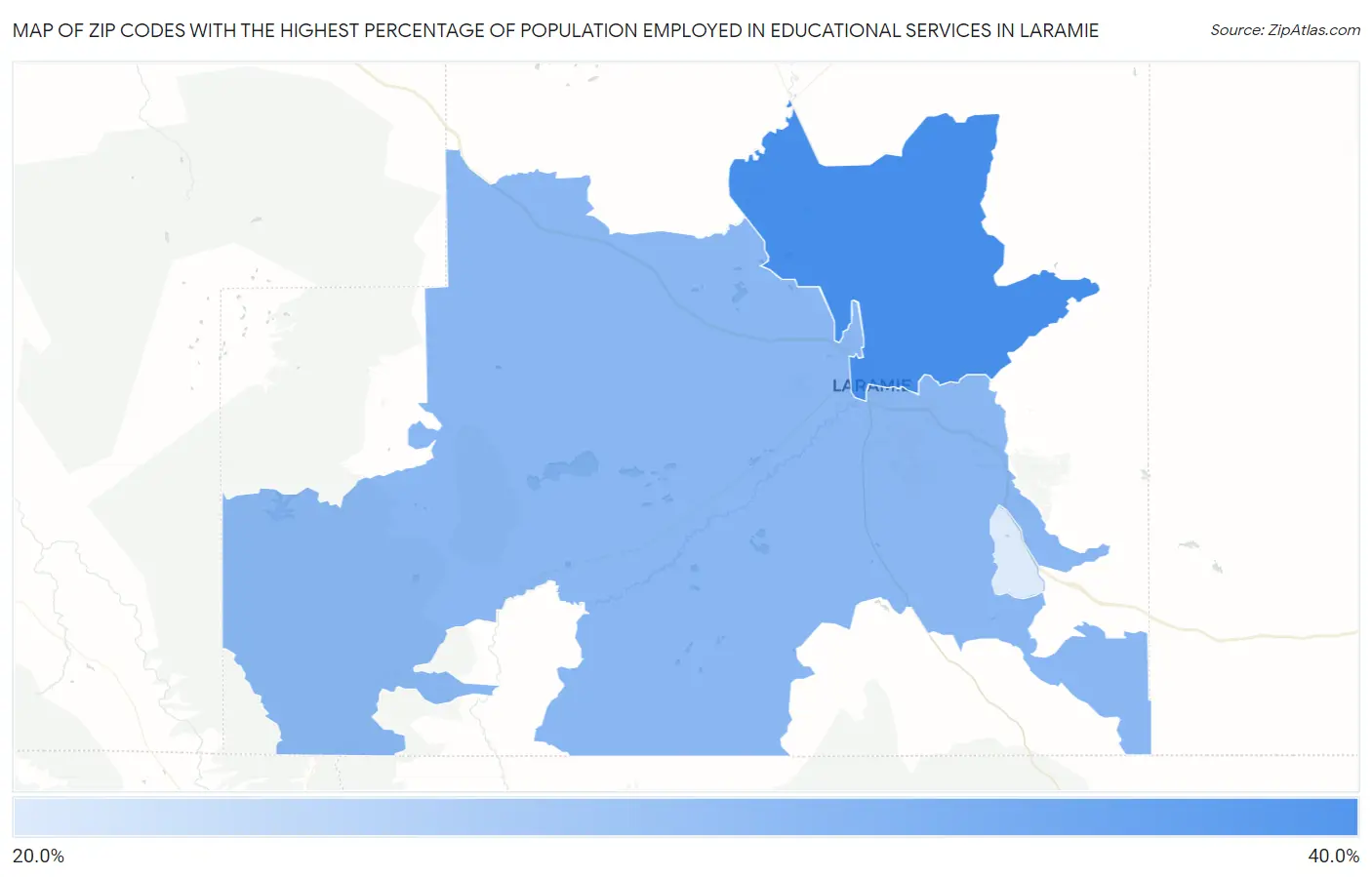 Zip Codes with the Highest Percentage of Population Employed in Educational Services in Laramie Map