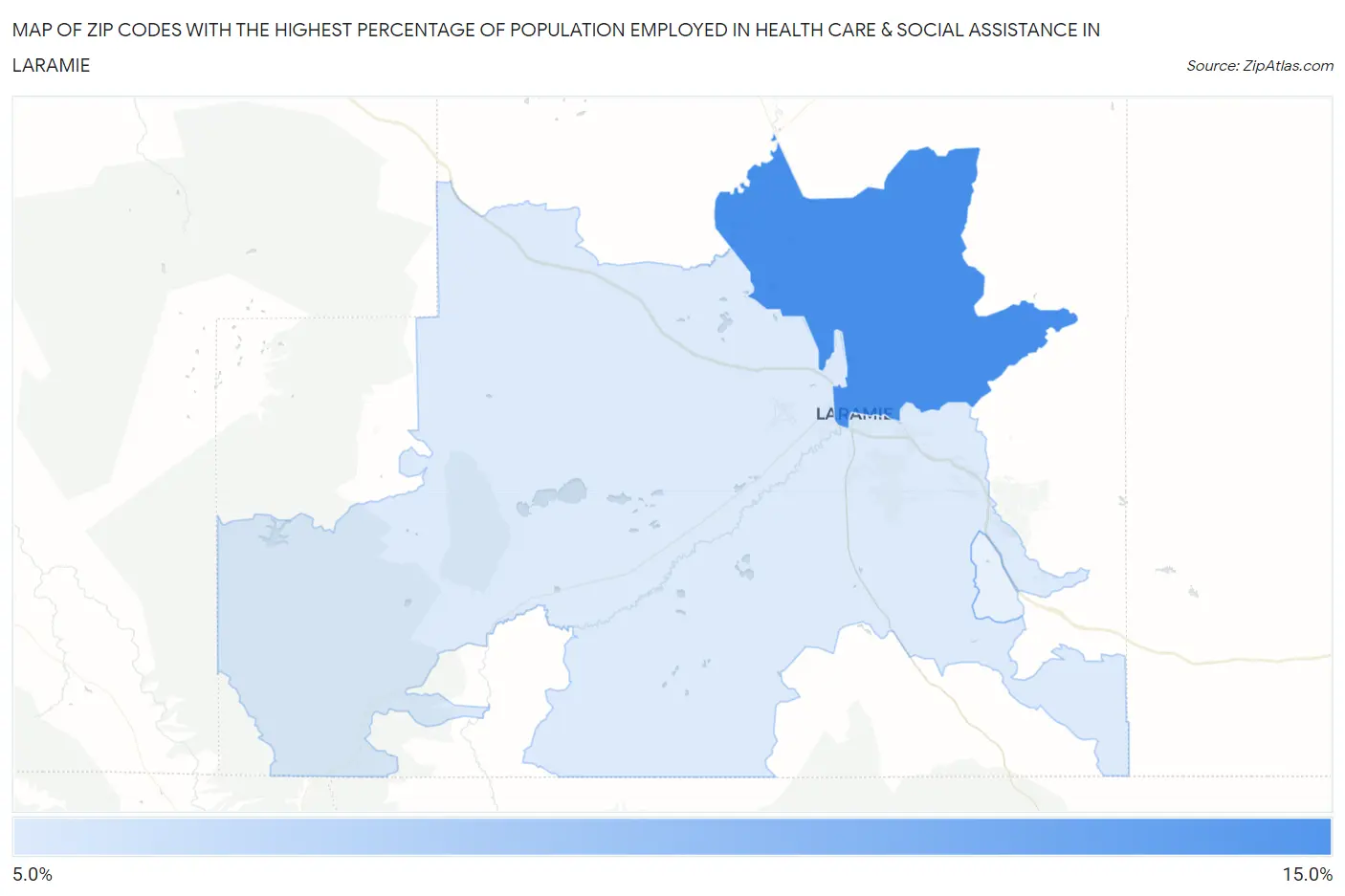 Zip Codes with the Highest Percentage of Population Employed in Health Care & Social Assistance in Laramie Map