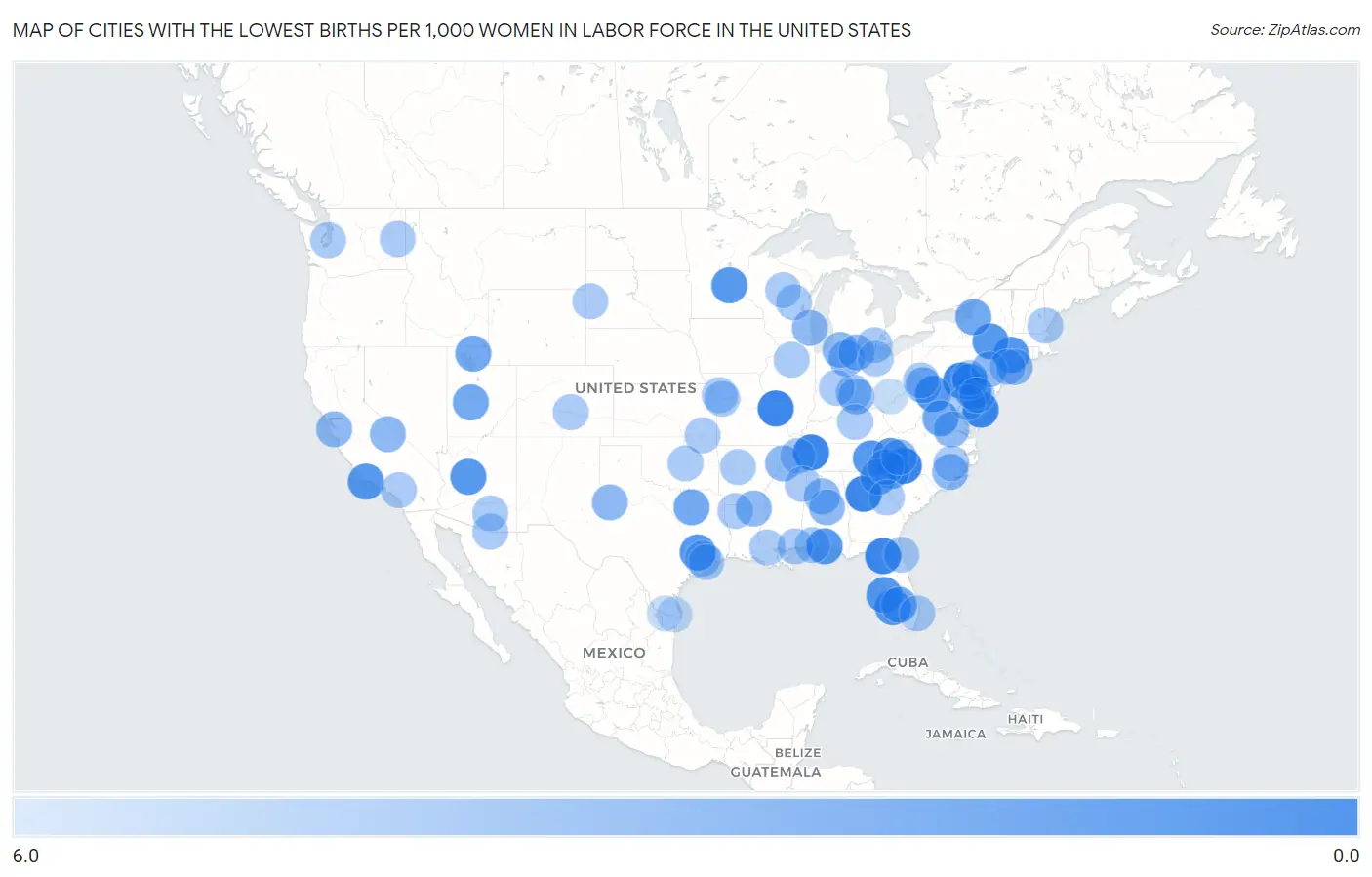 Cities with the Lowest Births per 1,000 Women in Labor Force in the United States Map