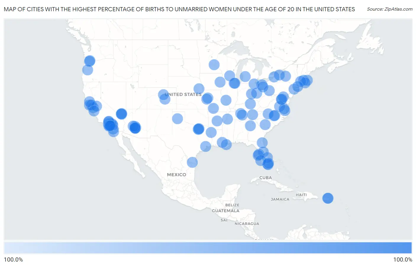 Cities with the Highest Percentage of Births to Unmarried Women under the Age of 20 in the United States Map