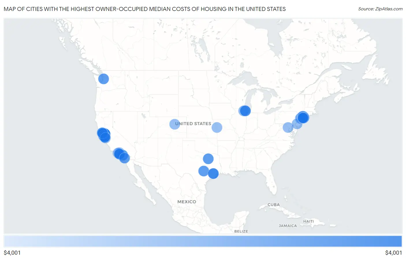 Cities with the Highest Owner-Occupied Median Costs of Housing in the United States Map