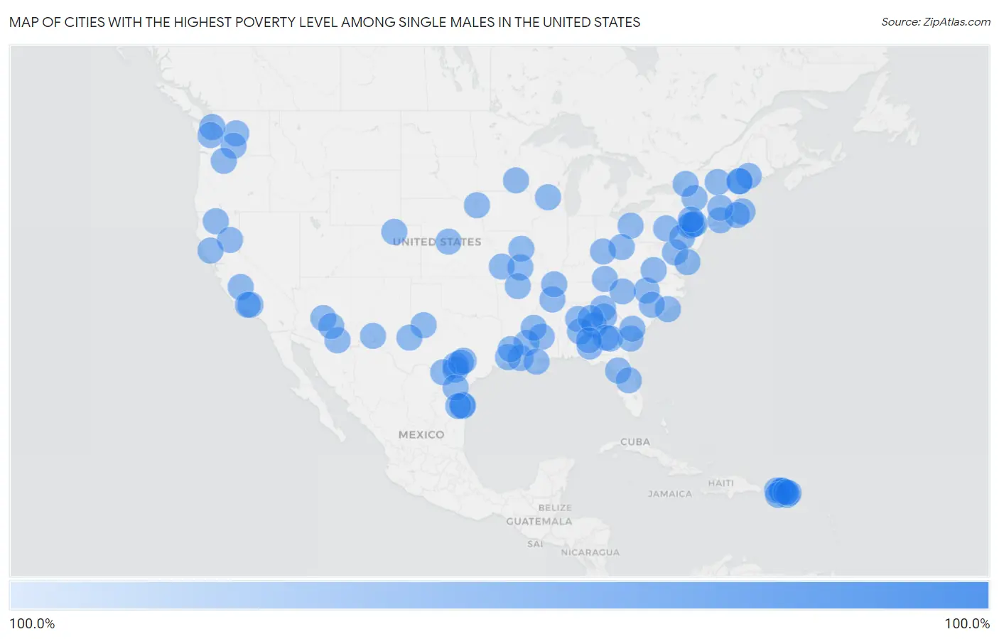 Cities with the Highest Poverty Level Among Single Males in the United States Map